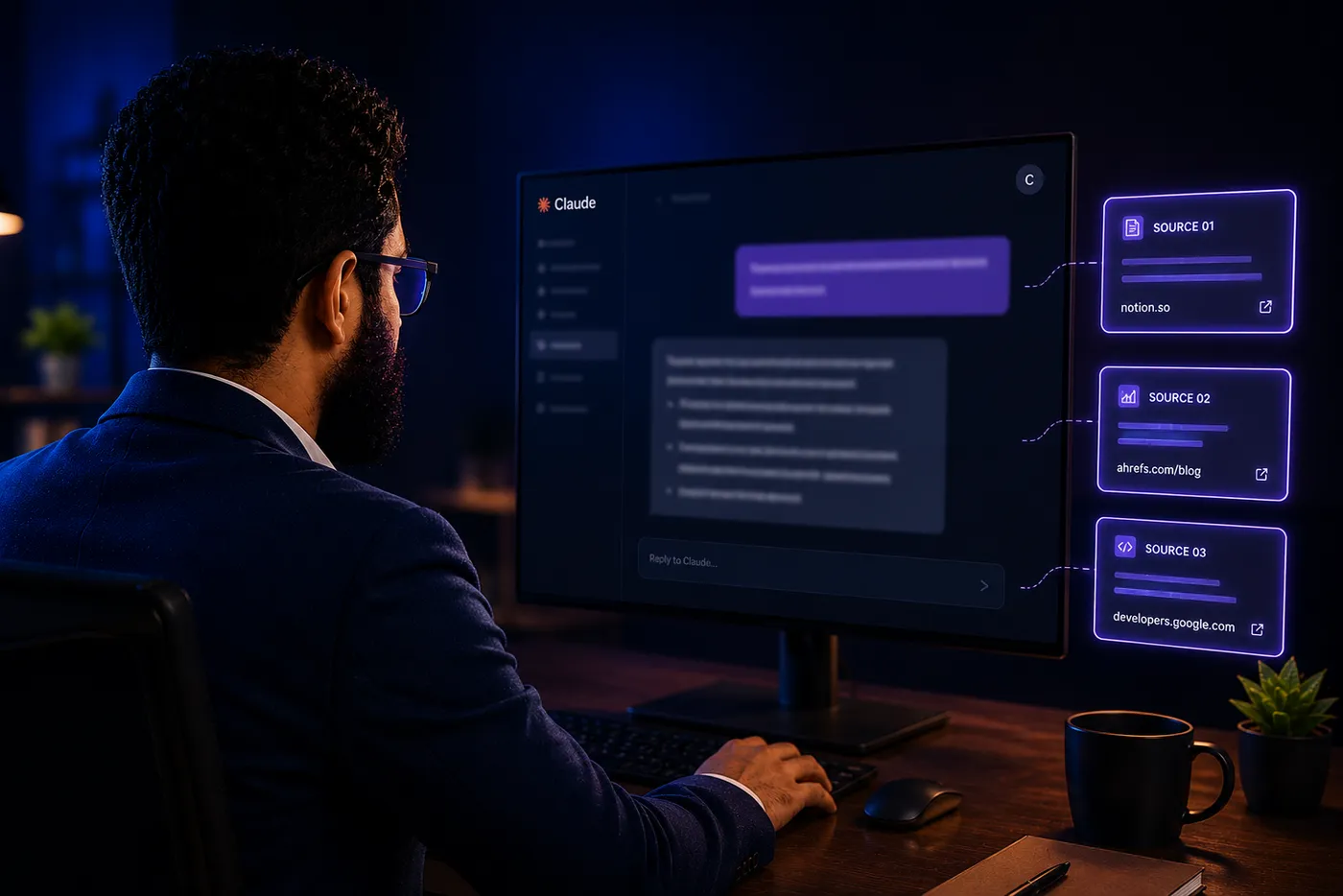 Ashikur Rahman reviewing an AI chat interface with glowing source citation cards