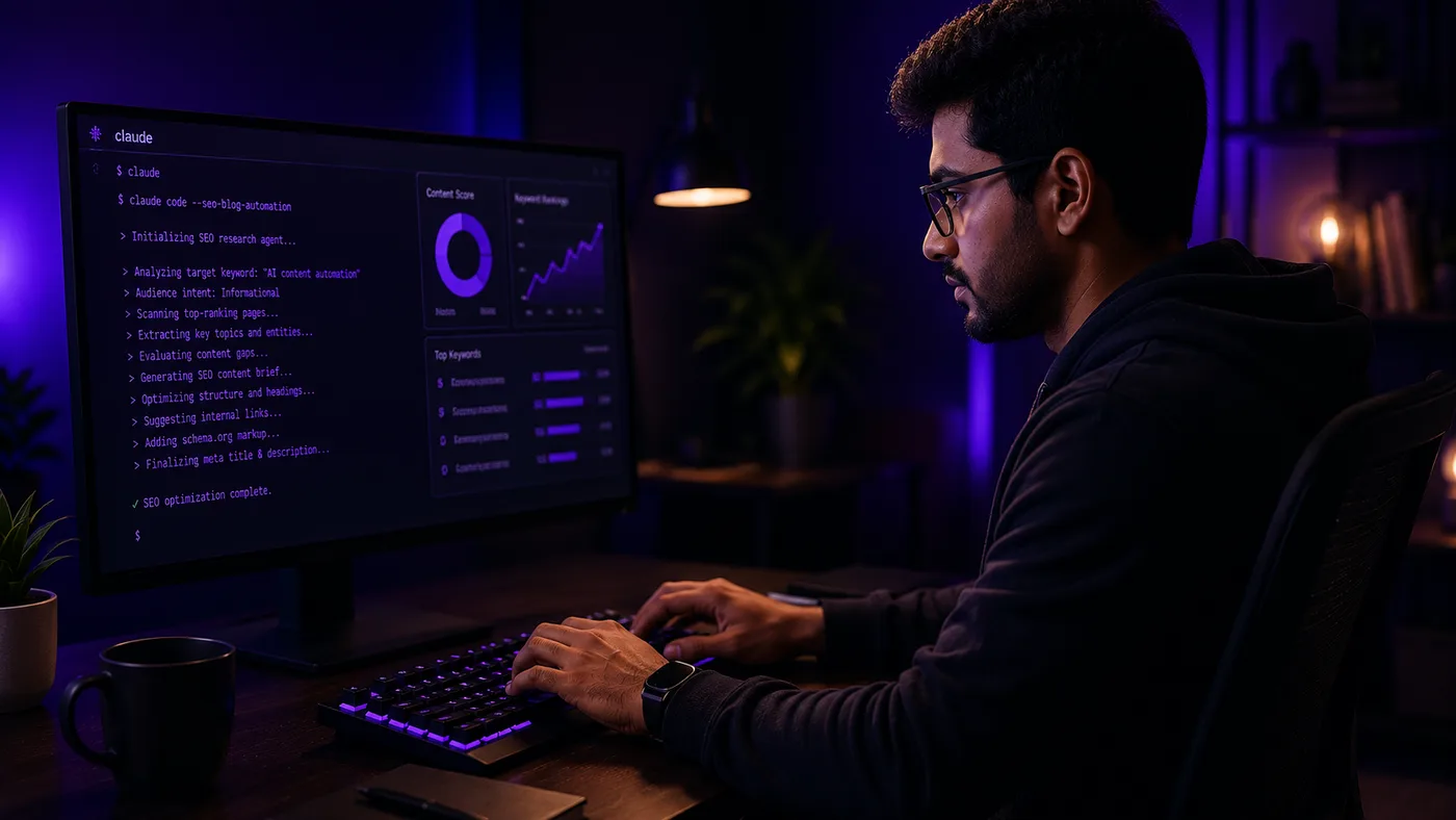 Ashikur Rahman running a Claude Code SEO automation session in a violet-lit workspace