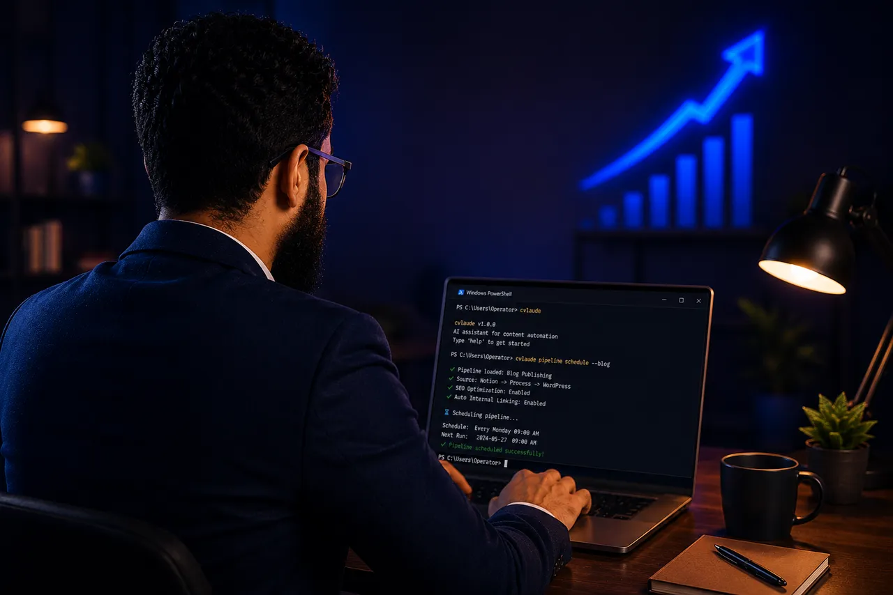Over-the-shoulder view of Ashikur running a content publishing pipeline in a terminal, a glowing growth curve on the wall ahead